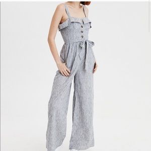 NWT AE Striped Tie Waist Jumpsuit Chambray